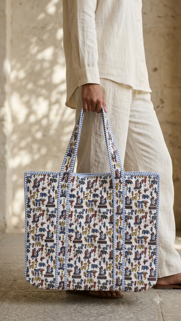 Hand Block Printed Cotton Quilted Tote Bag view 8
