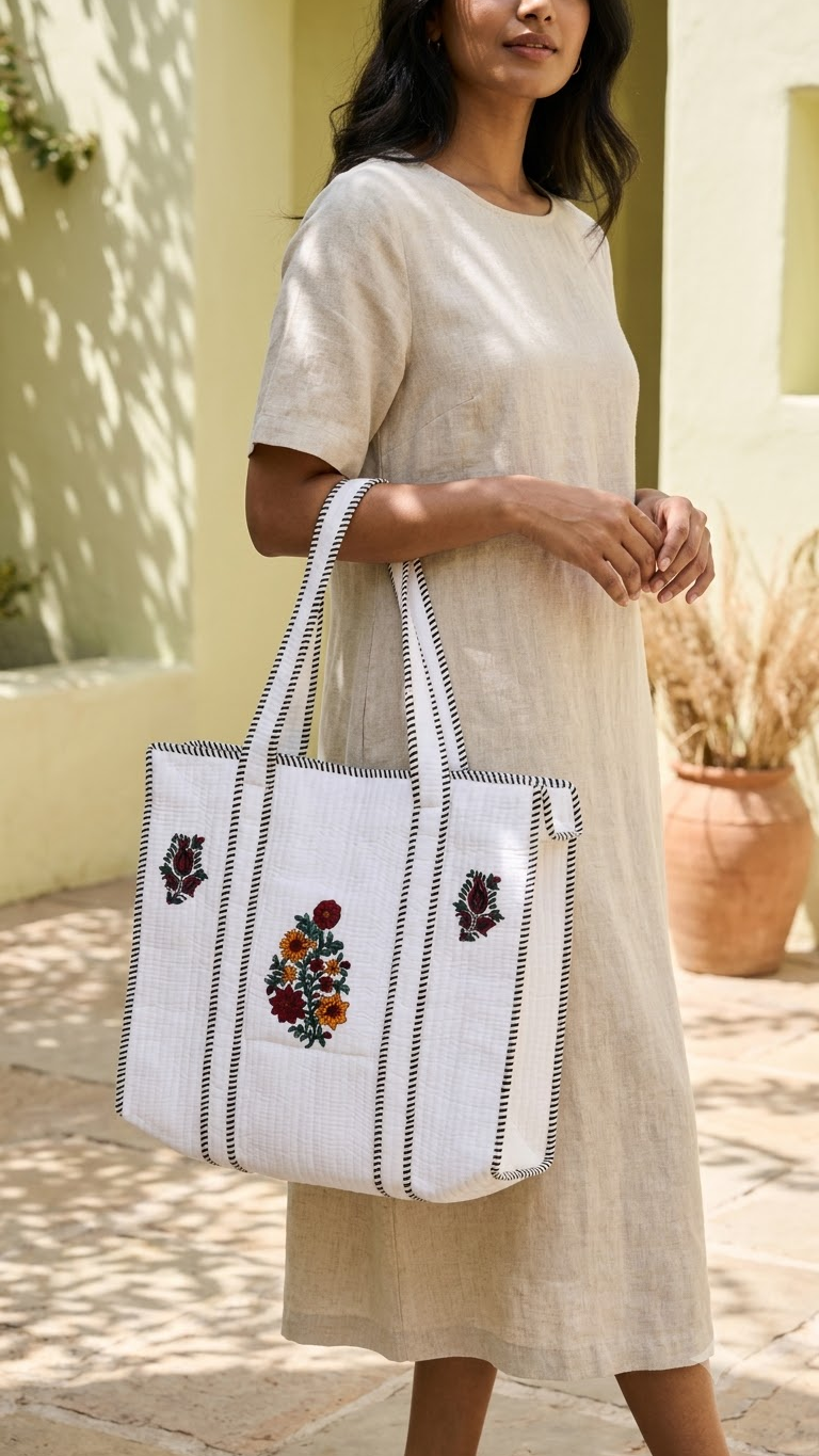 Hand Block Printed Cotton Quilted Tote Bag view 7