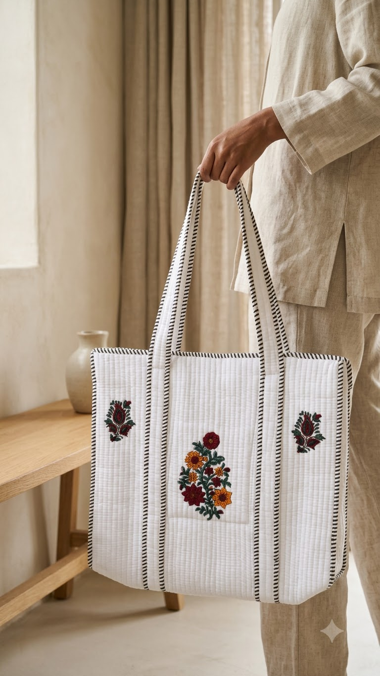Hand Block Printed Cotton Quilted Tote Bag view 5