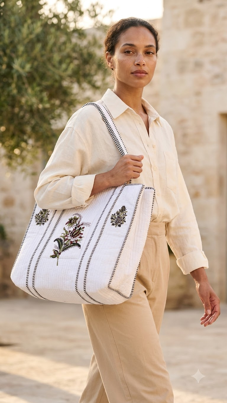 Hand Block Printed Cotton Quilted Tote Bag view 6