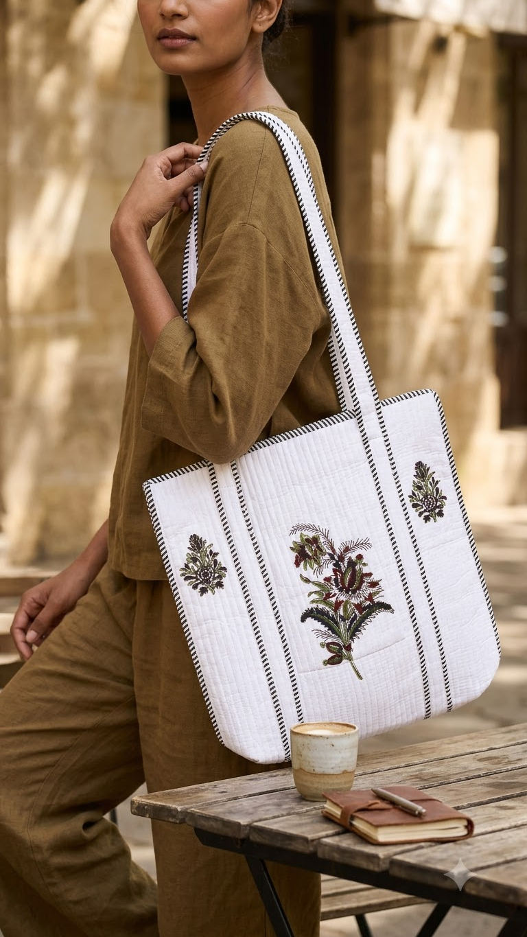 Hand Block Printed Cotton Quilted Tote Bag view 7