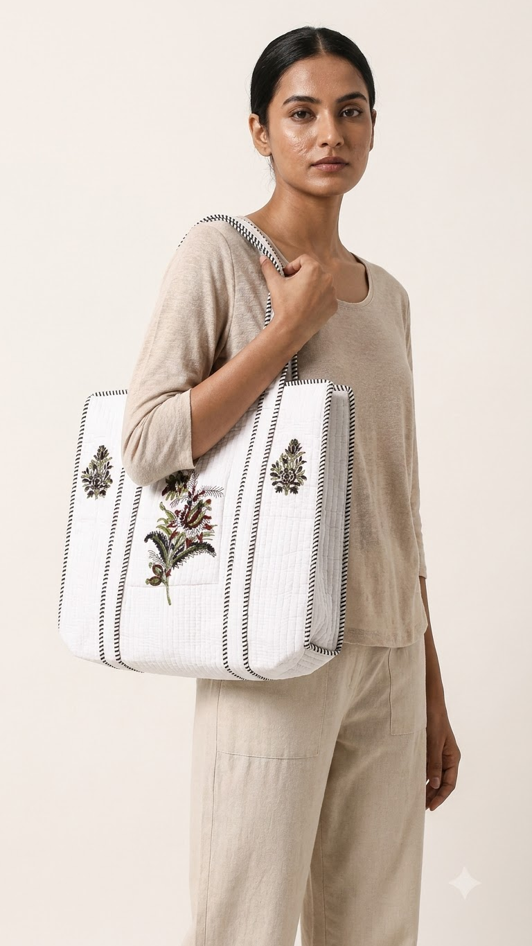 Hand Block Printed Cotton Quilted Tote Bag view 9