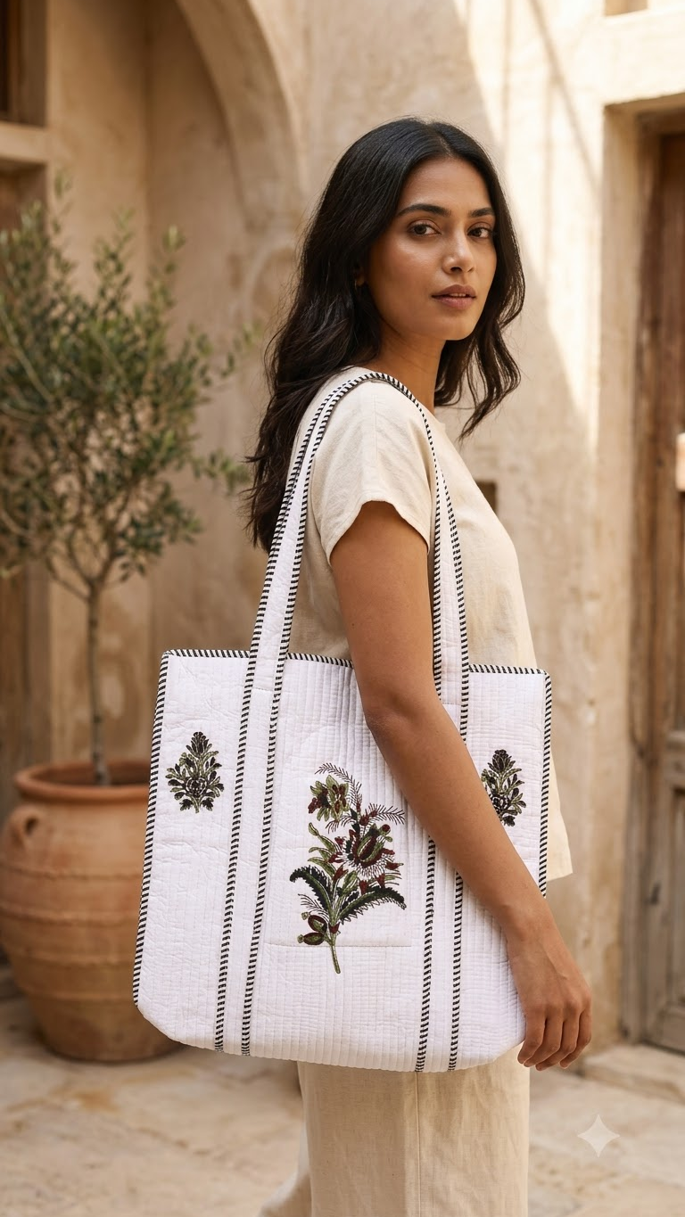 Hand Block Printed Cotton Quilted Tote Bag view 8