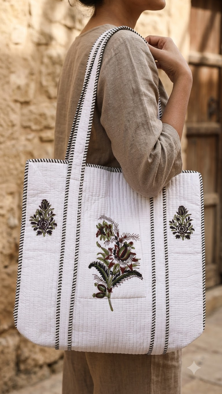 Hand Block Printed Cotton Quilted Tote Bag view 5