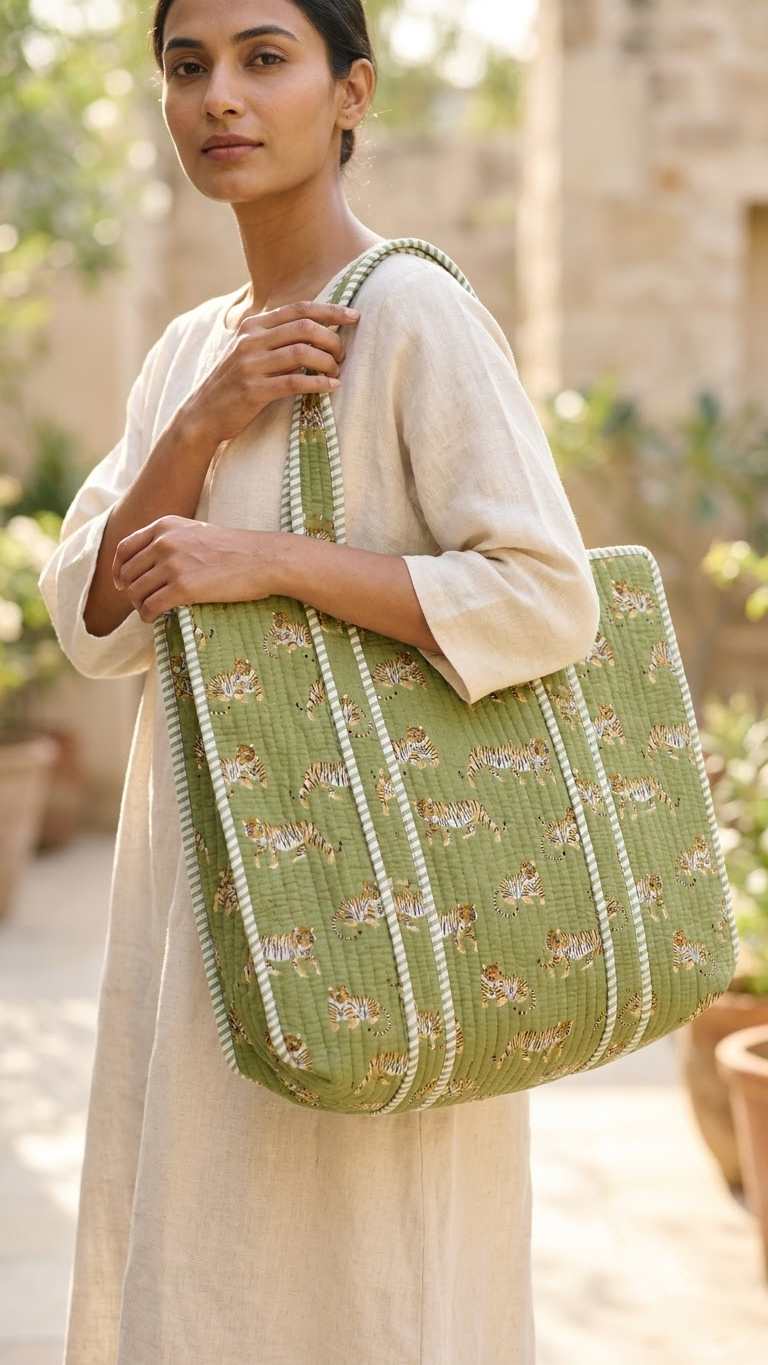 Hand Block Printed Cotton Quilted Tote Bag view 7