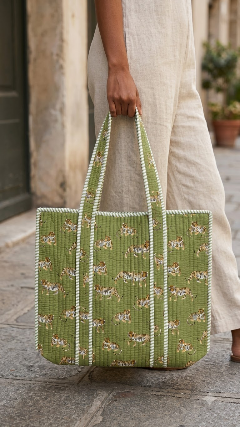 Hand Block Printed Cotton Quilted Tote Bag view 6