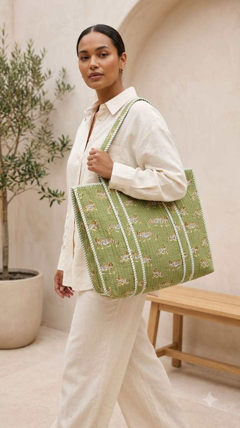 Hand Block Printed Cotton Quilted Tote Bag view 5