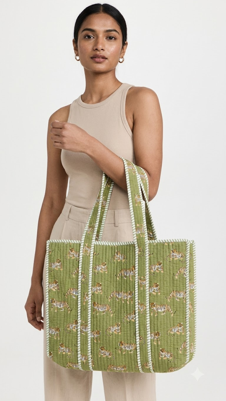 Hand Block Printed Cotton Quilted Tote Bag view 8