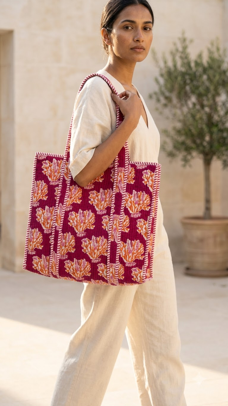 Hand Block Printed Cotton Quilted Tote Bag view 6
