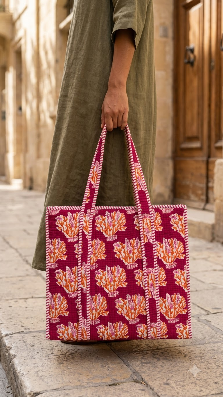 Hand Block Printed Cotton Quilted Tote Bag view 7