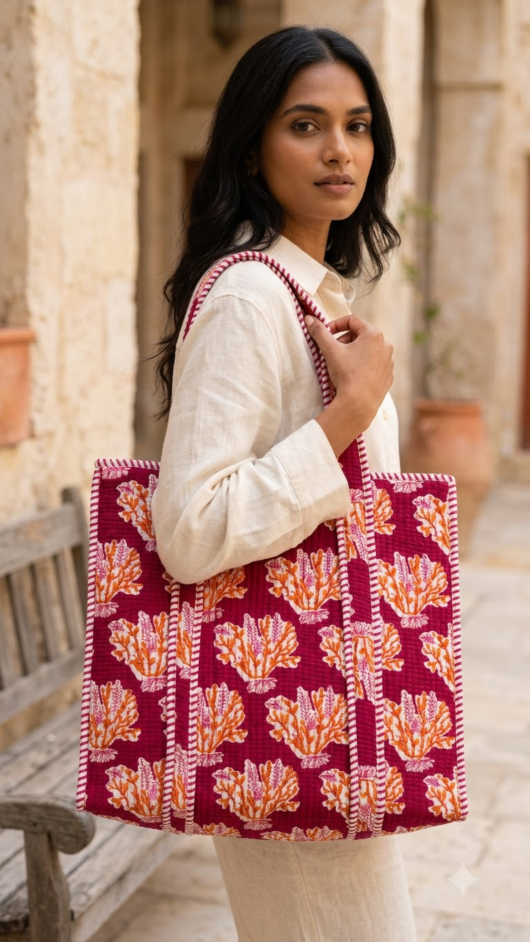Hand Block Printed Cotton Quilted Tote Bag view 8