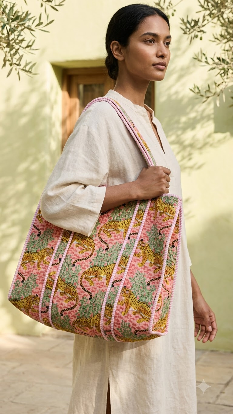 Hand Block Printed Cotton Quilted Tote Bag view 6