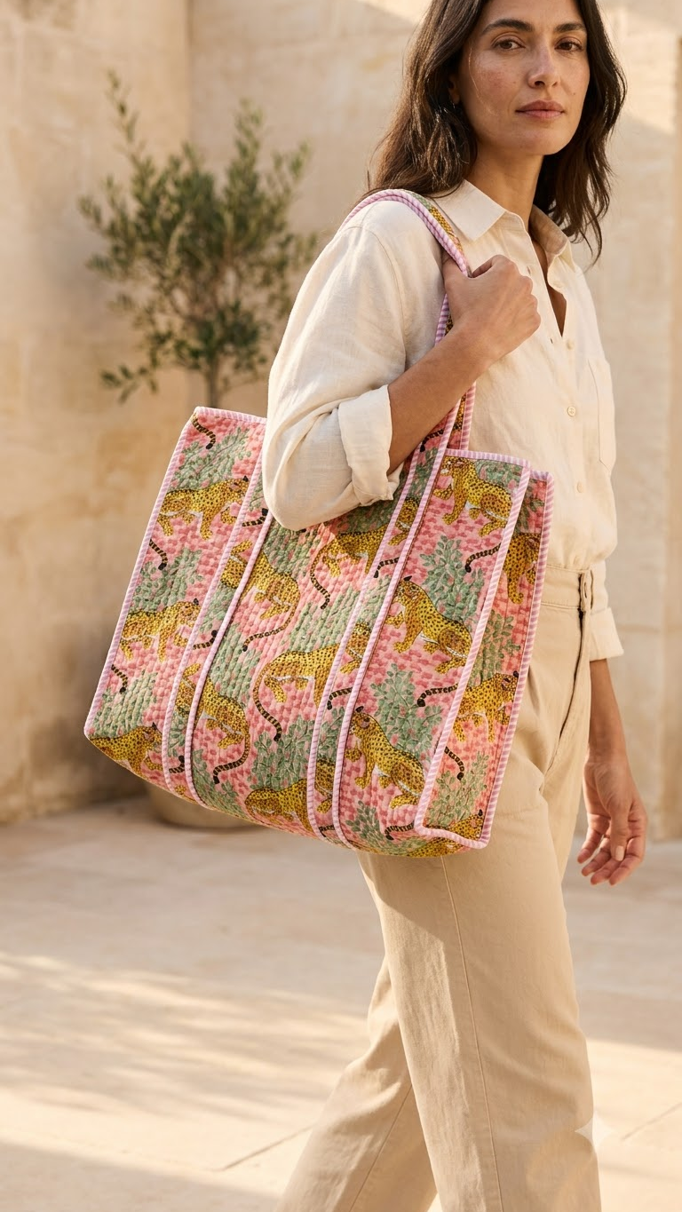 Hand Block Printed Cotton Quilted Tote Bag view 5