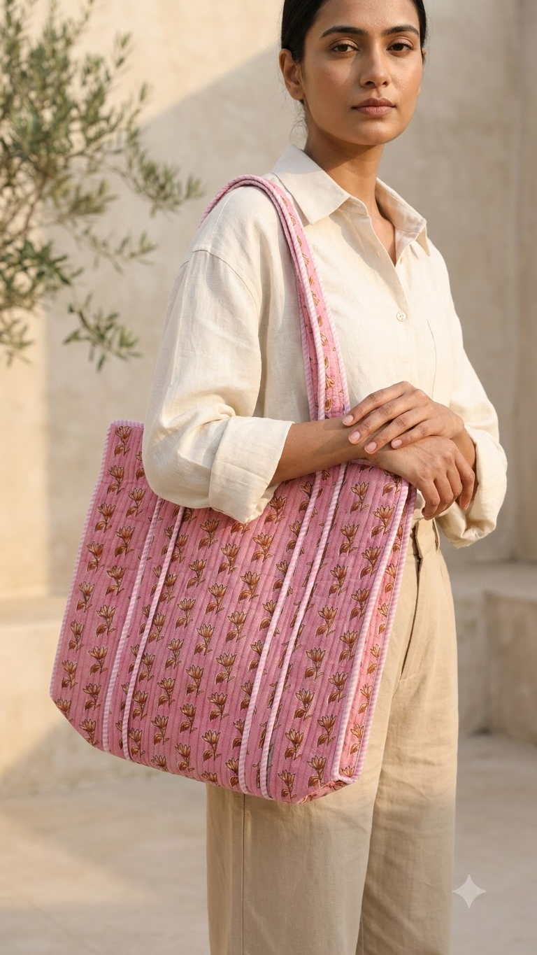 Hand Block Printed Cotton Quilted Tote Bag view 6