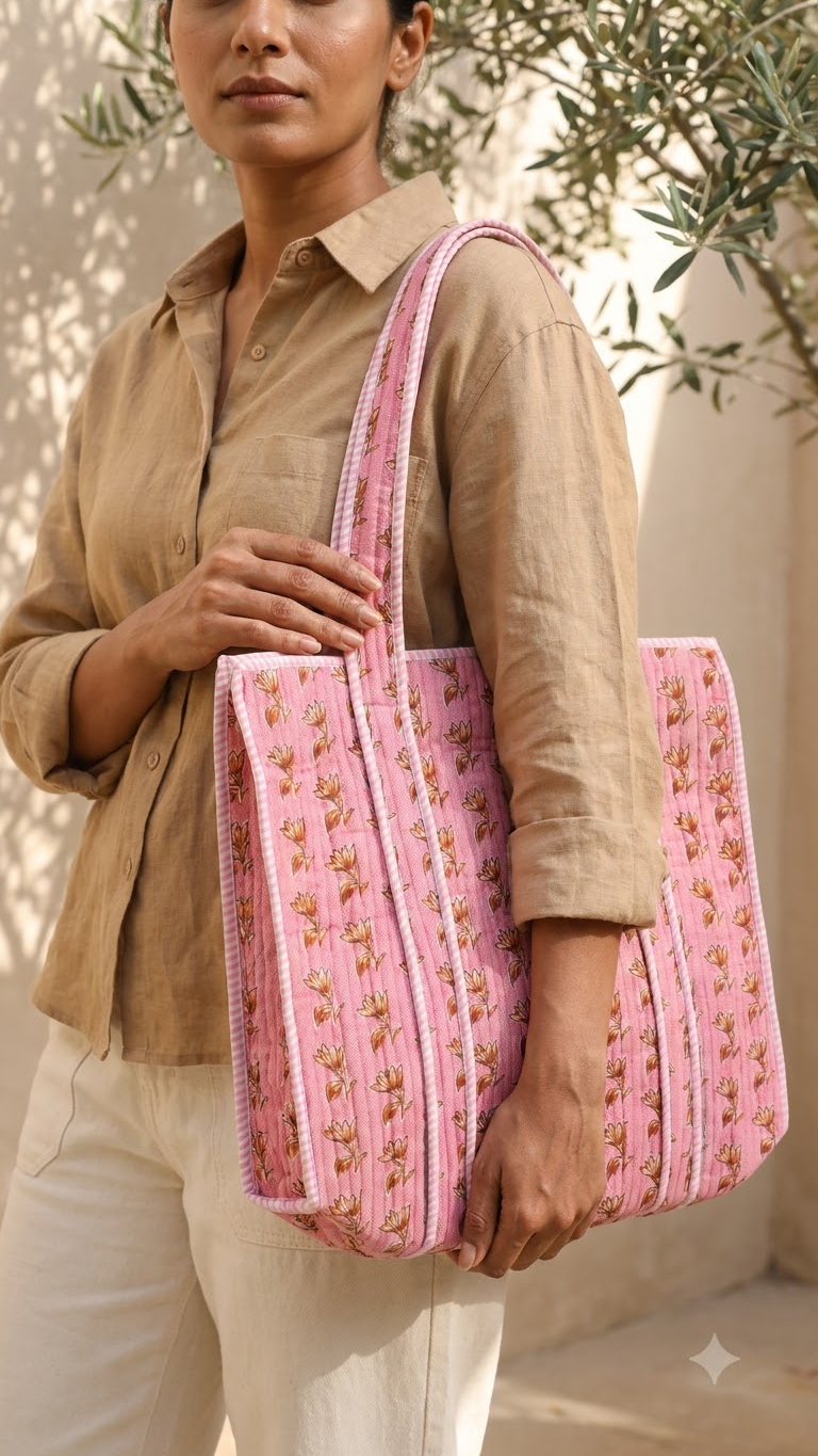 Hand Block Printed Cotton Quilted Tote Bag view 4