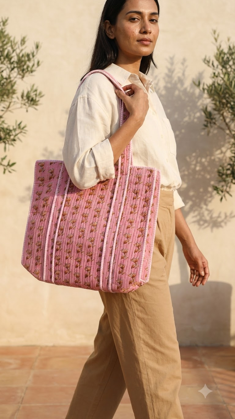 Hand Block Printed Cotton Quilted Tote Bag view 7
