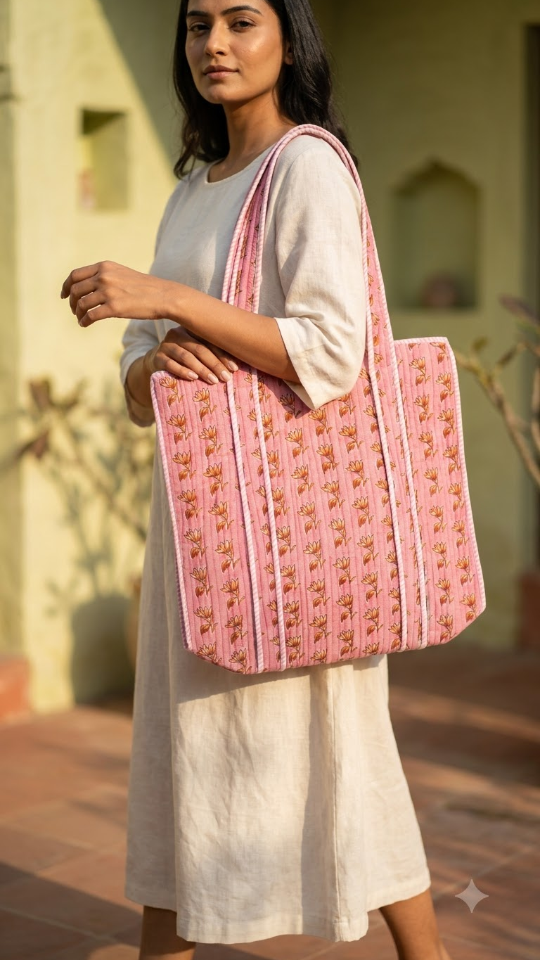 Hand Block Printed Cotton Quilted Tote Bag view 5