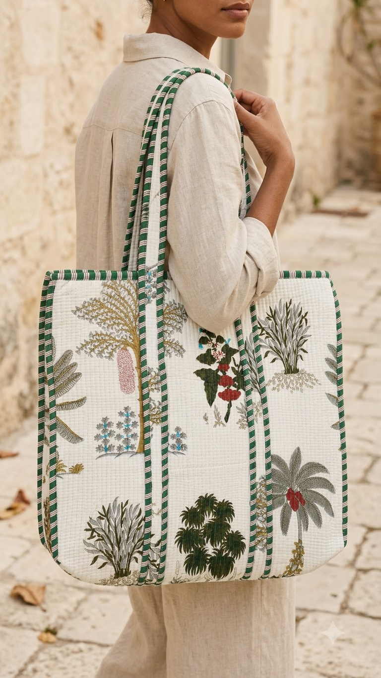 Hand Block Printed Cotton Quilted Tote Bag view 7