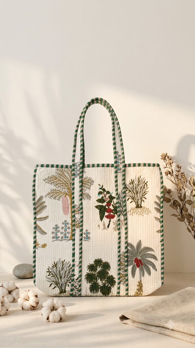 Hand Block Printed Cotton Quilted Tote Bag view 4