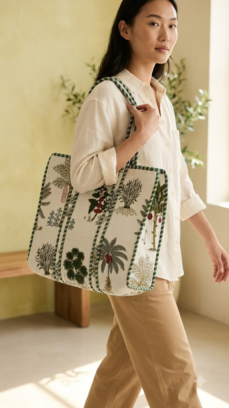 Hand Block Printed Cotton Quilted Tote Bag view 5