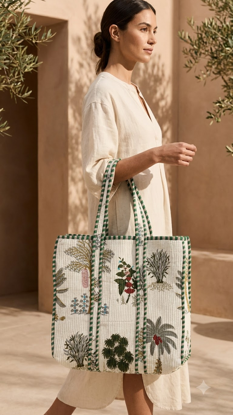 Hand Block Printed Cotton Quilted Tote Bag view 6