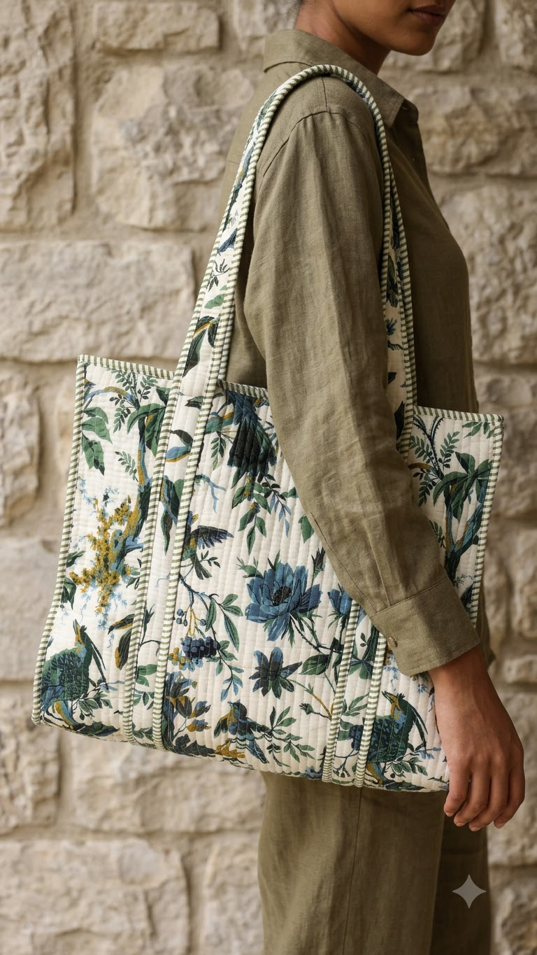 Hand Block Printed Cotton Quilted Tote Bag view 8