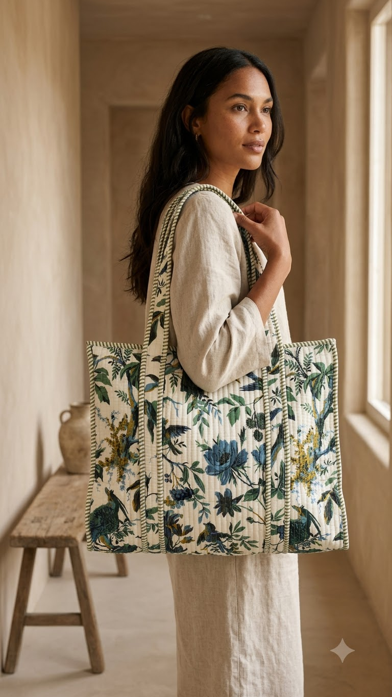 Hand Block Printed Cotton Quilted Tote Bag view 6
