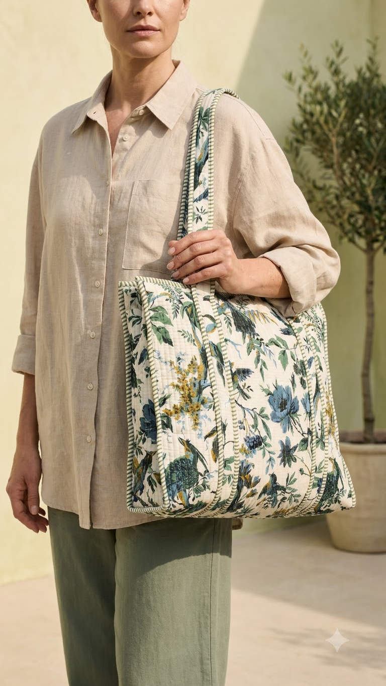 Hand Block Printed Cotton Quilted Tote Bag view 7