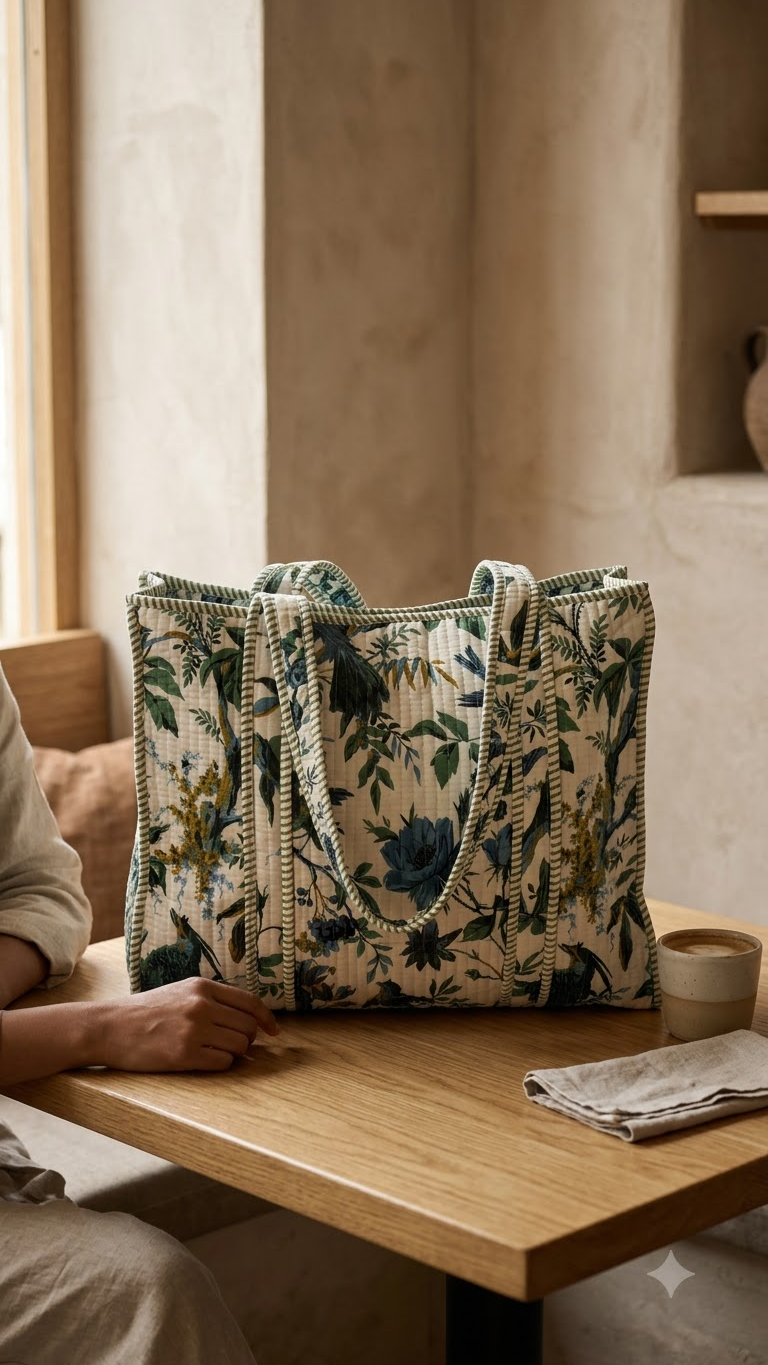 Hand Block Printed Cotton Quilted Tote Bag view 5