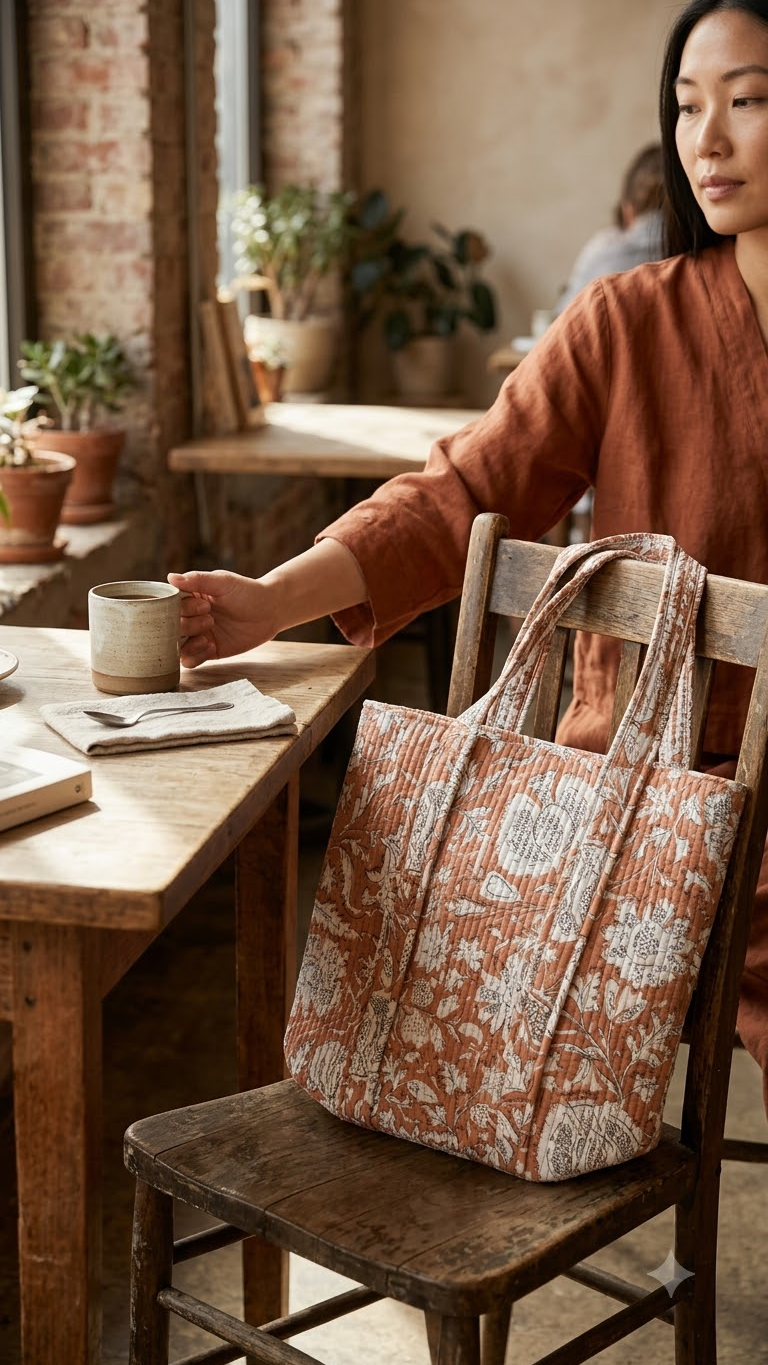 Hand Block Printed Cotton Quilted Tote Bag view 7