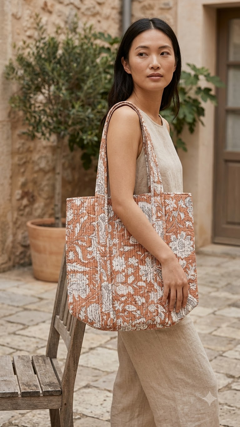 Hand Block Printed Cotton Quilted Tote Bag view 5