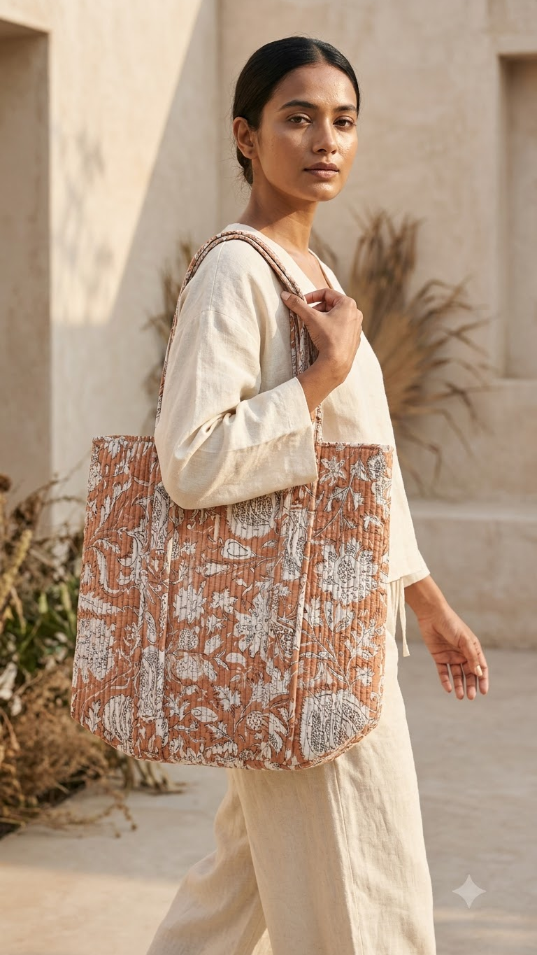 Hand Block Printed Cotton Quilted Tote Bag view 4
