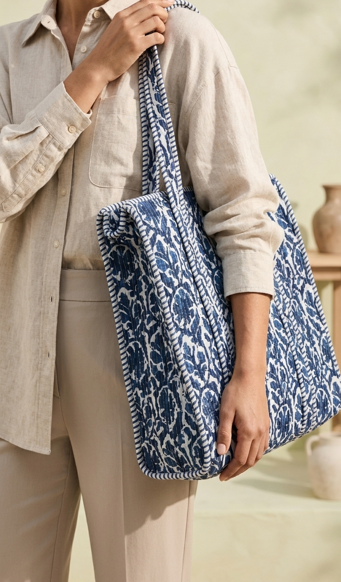 Hand Block Printed Cotton Quilted Tote Bag
