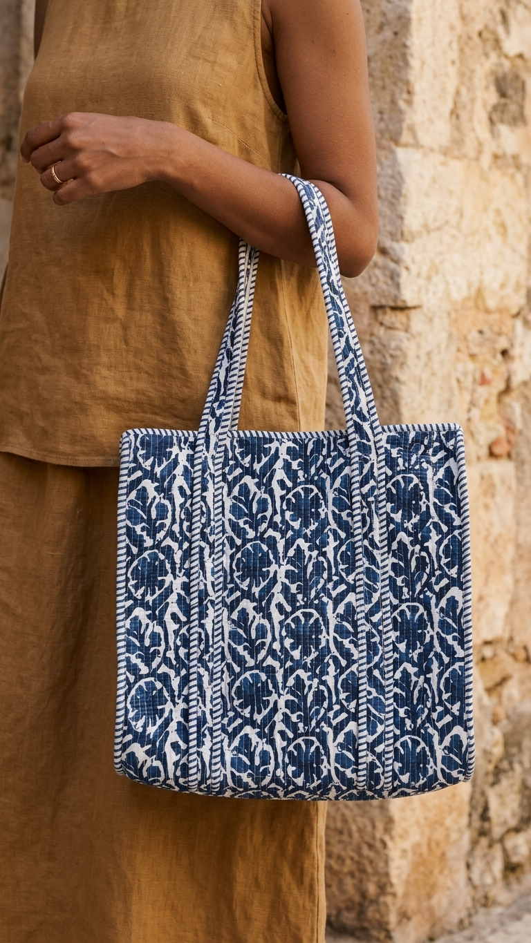 Hand Block Printed Cotton Quilted Tote Bag view 7