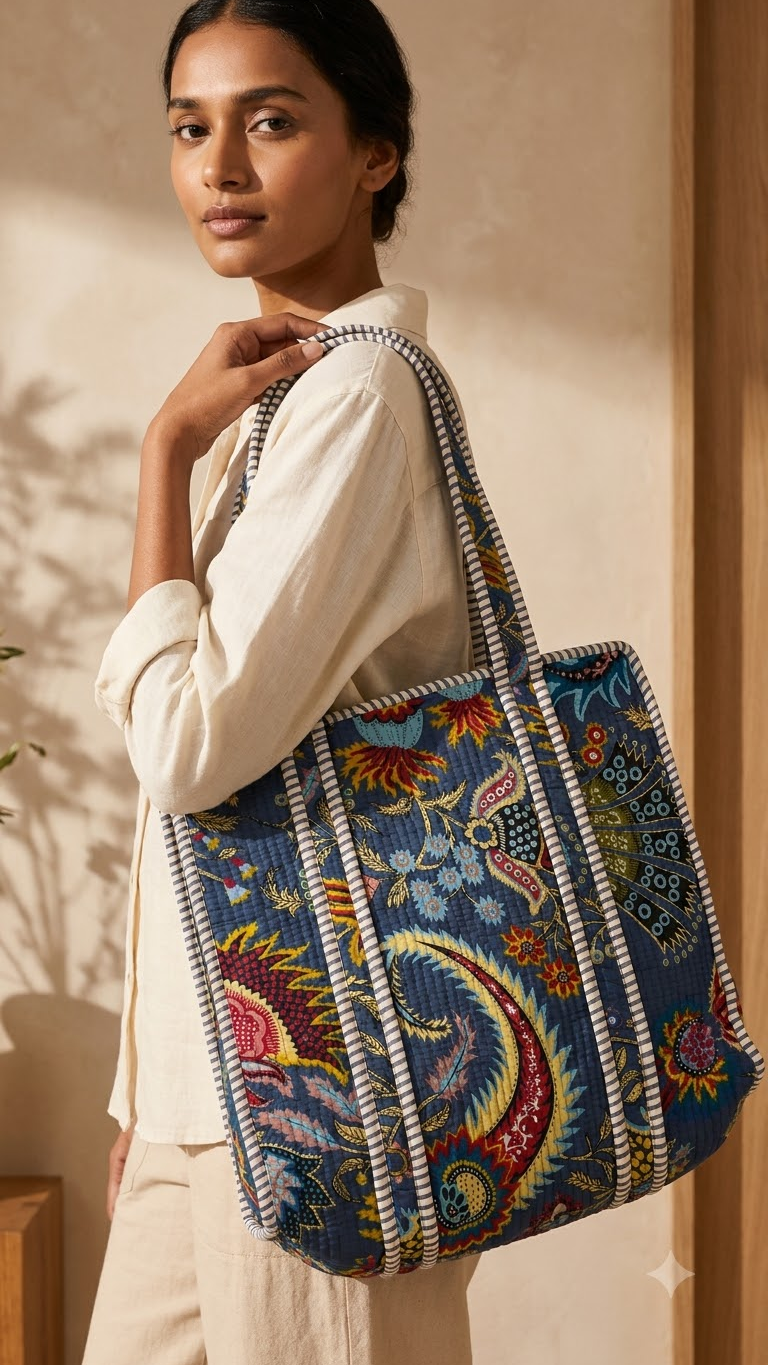 Hand Block Printed Cotton Quilted Tote Bag view 4