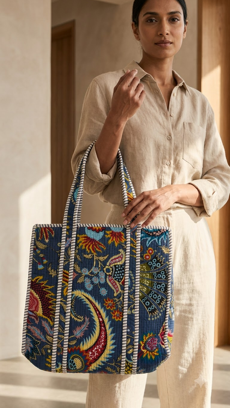 Hand Block Printed Cotton Quilted Tote Bag view 6