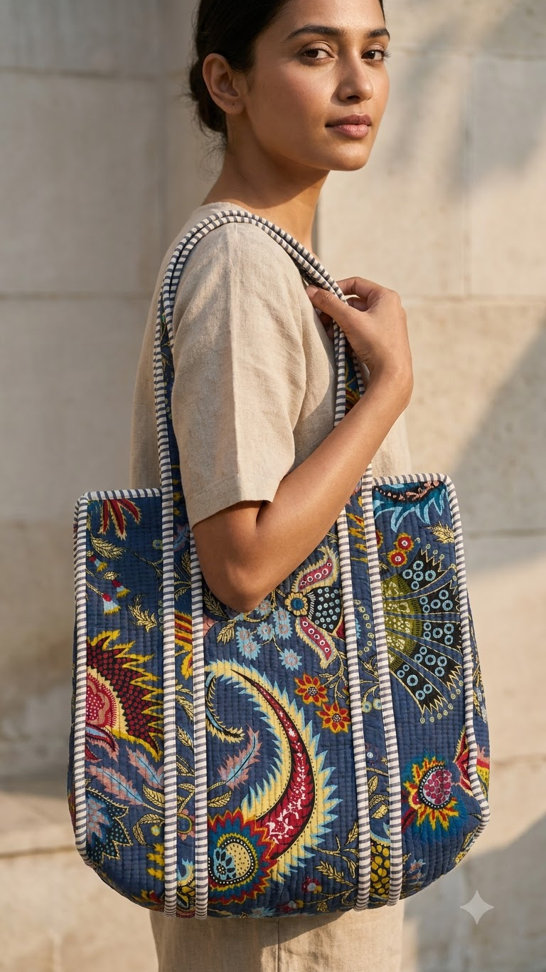Hand Block Printed Cotton Quilted Tote Bag view 8