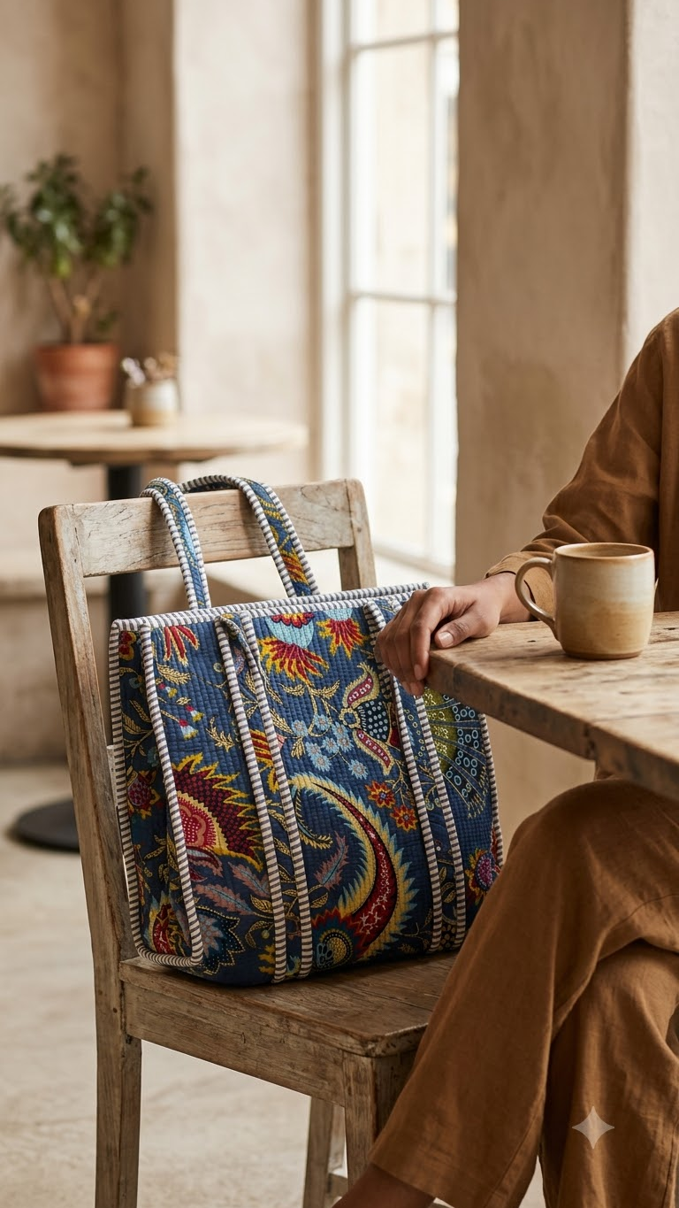 Hand Block Printed Cotton Quilted Tote Bag view 5