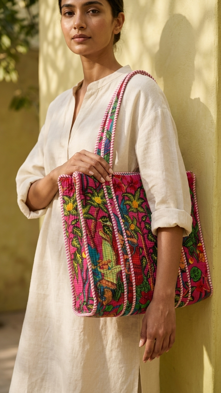 Hand Block Printed Cotton Quilted Tote Bag view 8