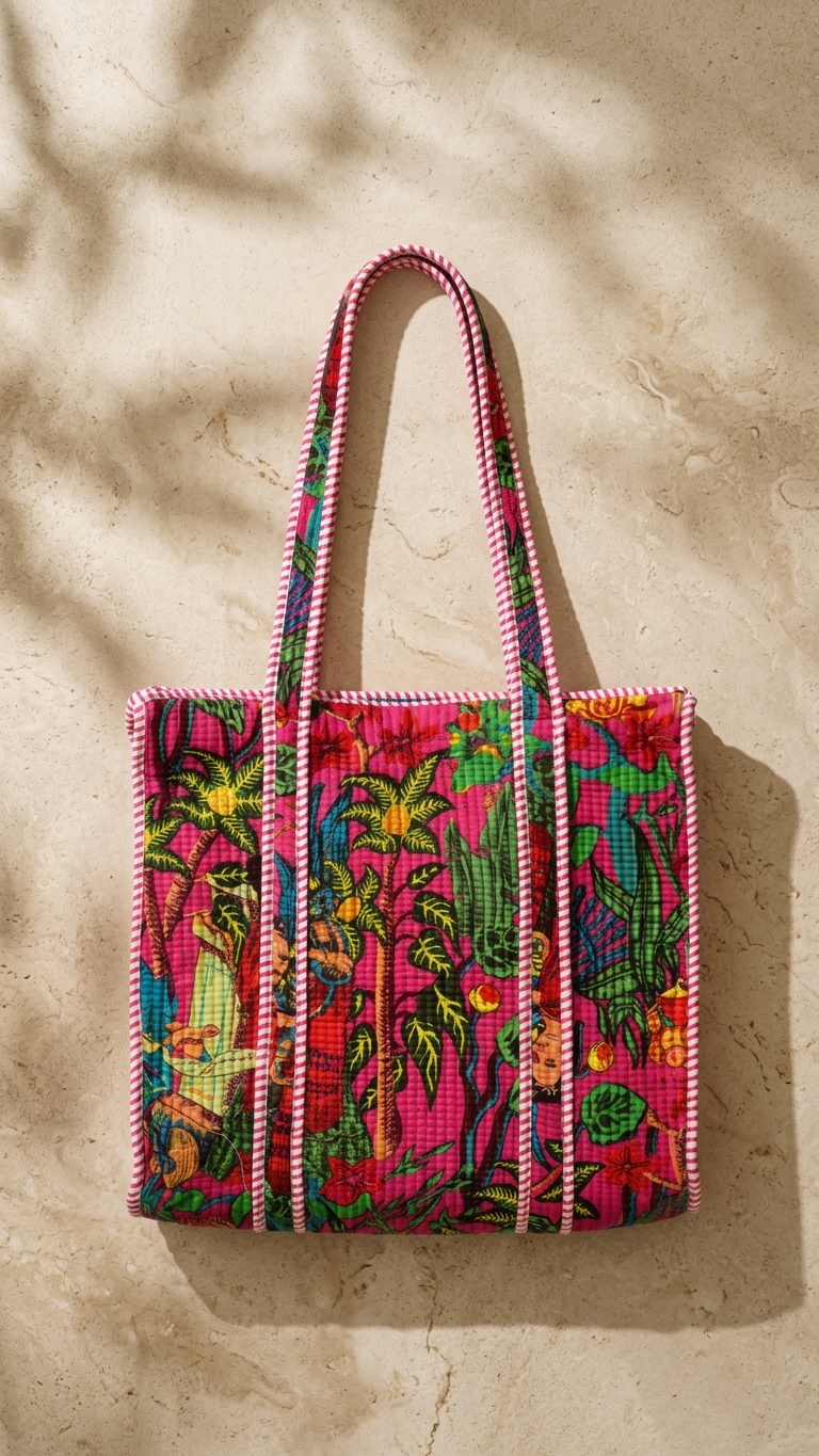 Hand Block Printed Cotton Quilted Tote Bag view 5