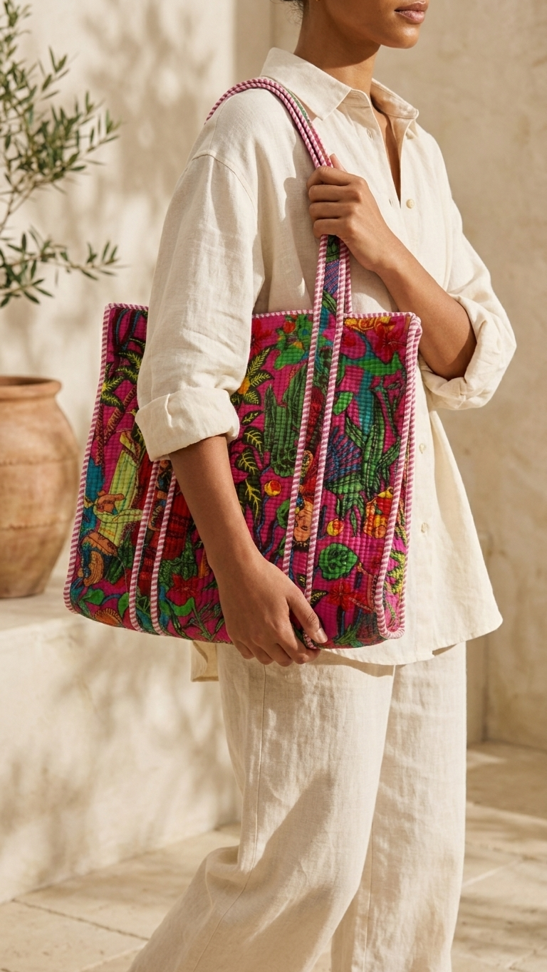Hand Block Printed Cotton Quilted Tote Bag view 7