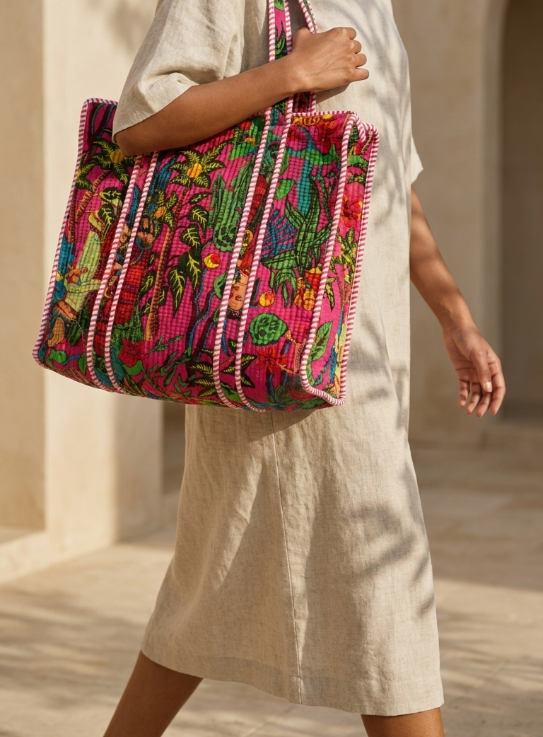 Hand Block Printed Cotton Quilted Tote Bag view 6