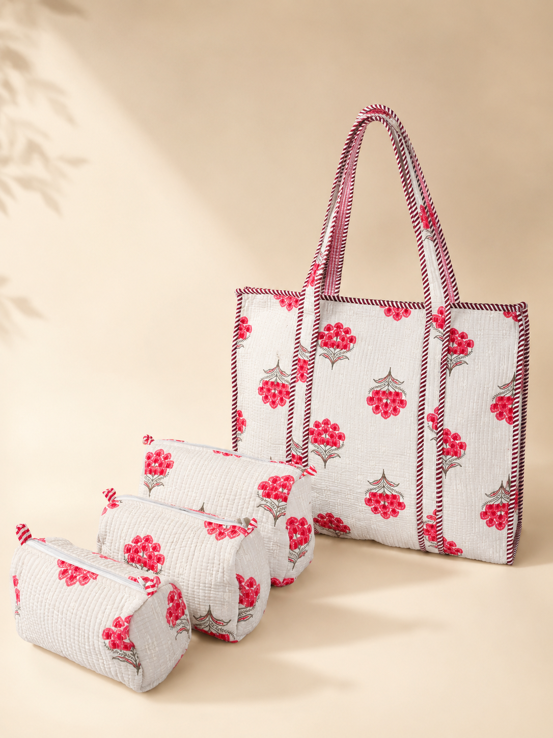 Hand Block Printed Cotton Quilted Tote Bag with Pouches ( Combo Set )