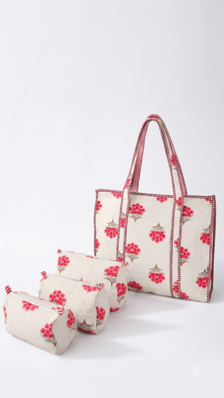 Hand Block Printed Cotton Quilted Tote Bag with Pouches ( Combo Set ) view 4