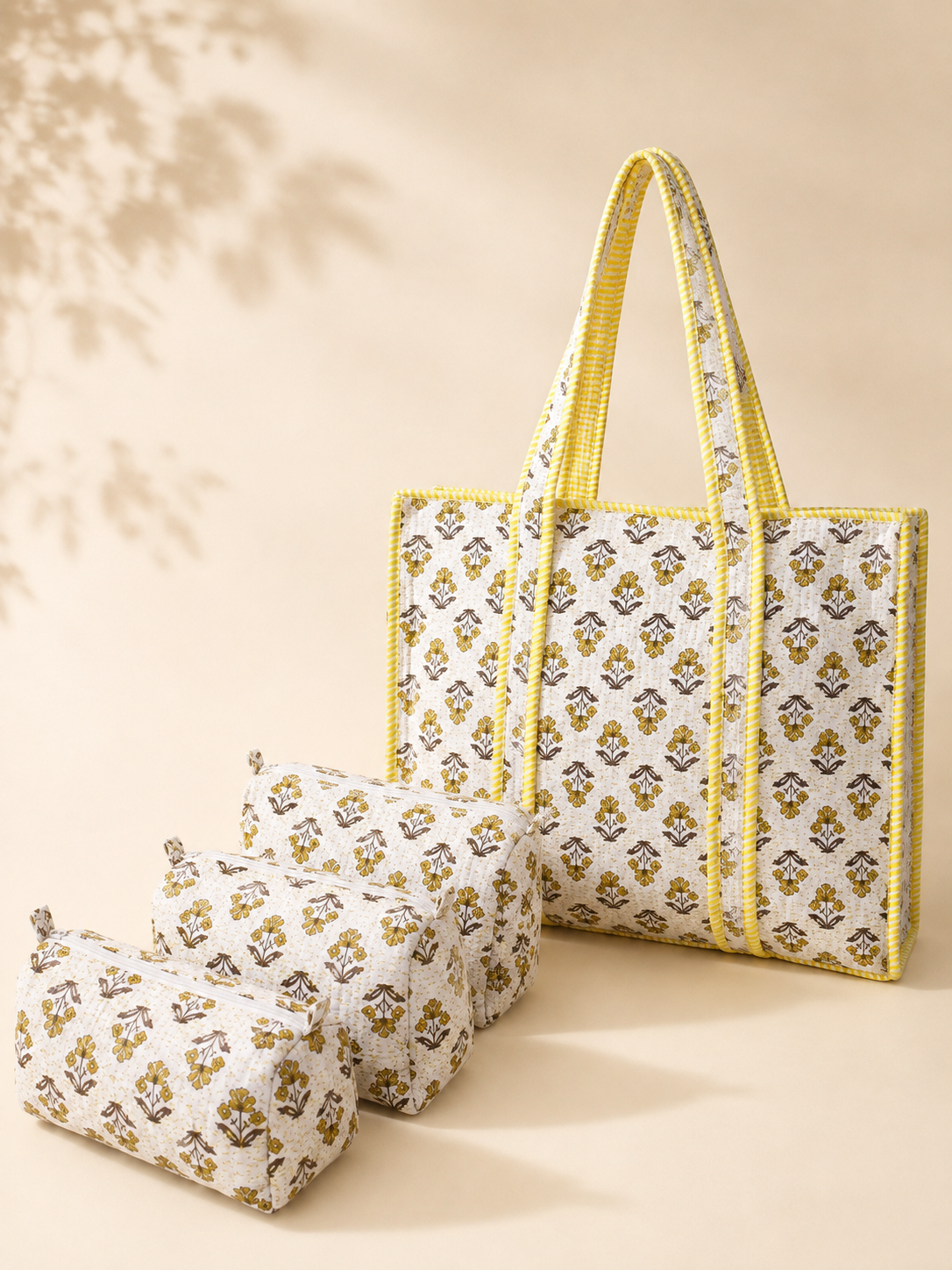 Hand Block Printed Cotton Quilted Tote Bag with Pouches ( Combo Set )