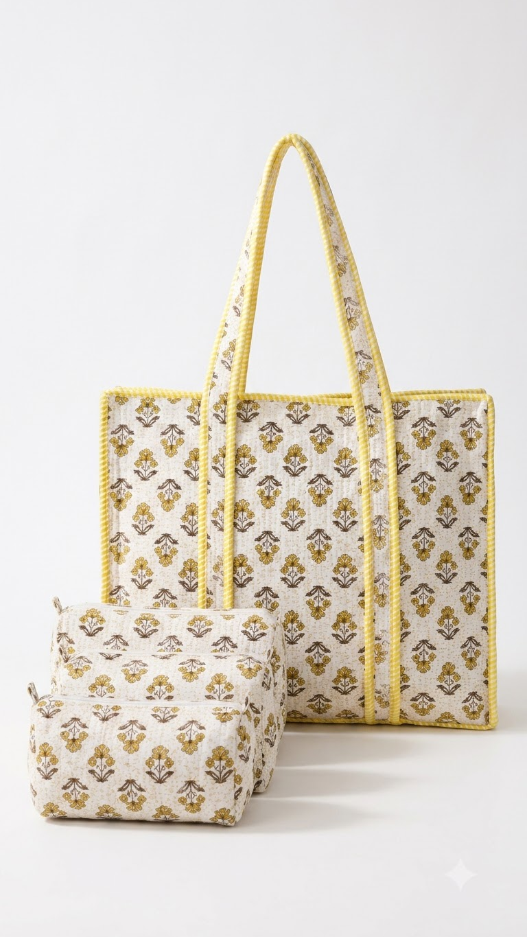 Hand Block Printed Cotton Quilted Tote Bag with Pouches ( Combo Set ) view 4