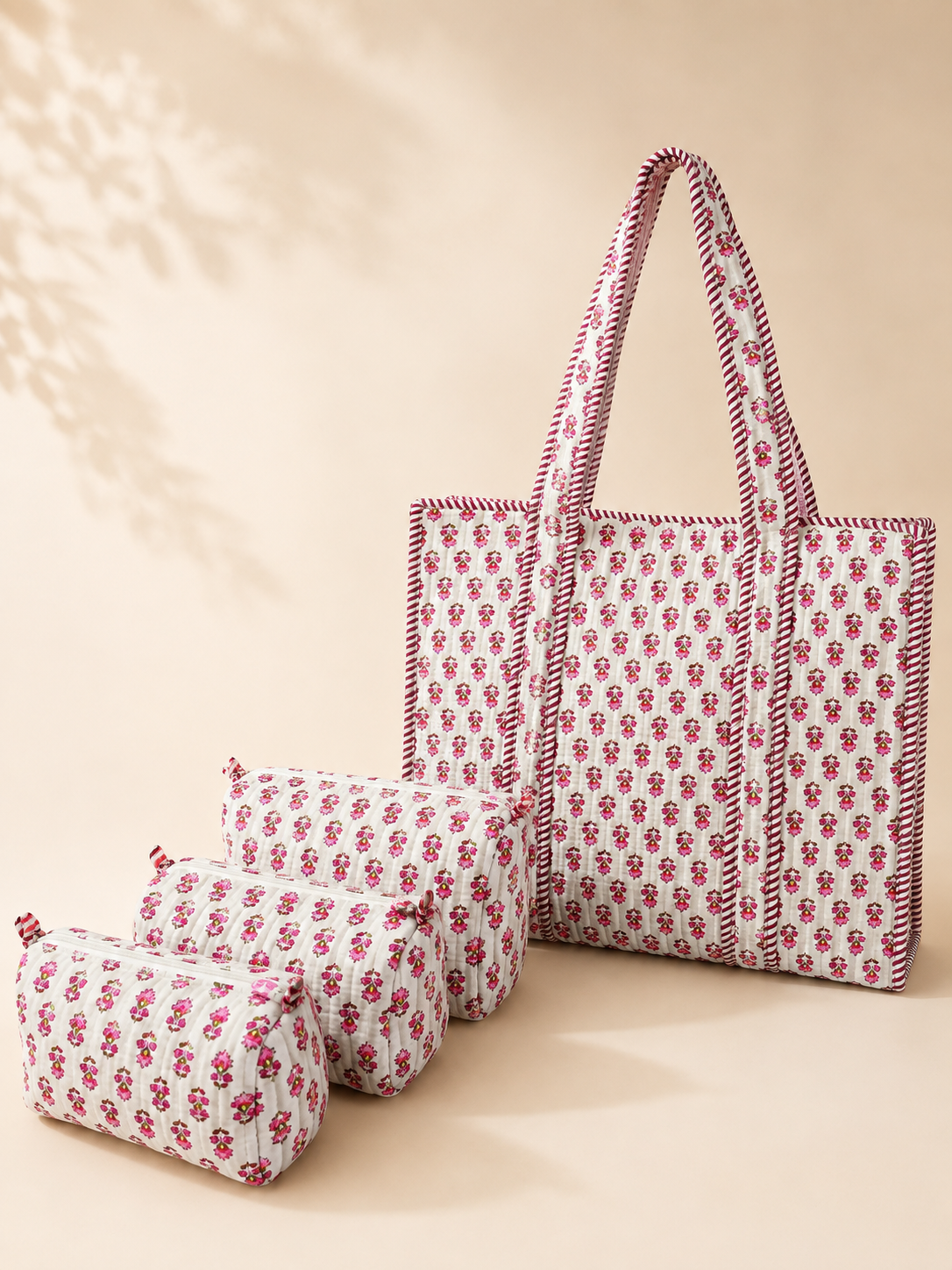 Hand Block Printed Cotton Quilted Tote Bag with Pouches ( Combo Set )