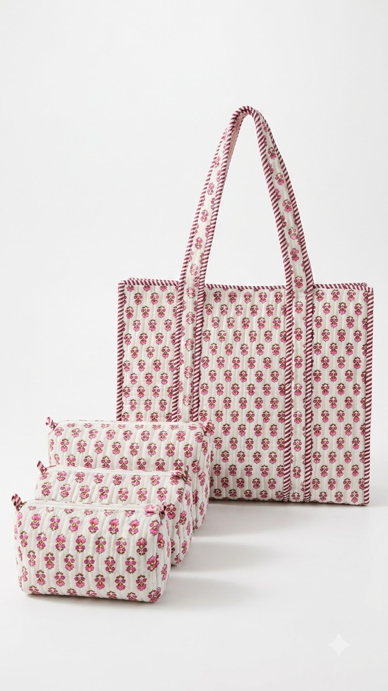 Hand Block Printed Cotton Quilted Tote Bag with Pouches ( Combo Set ) view 4