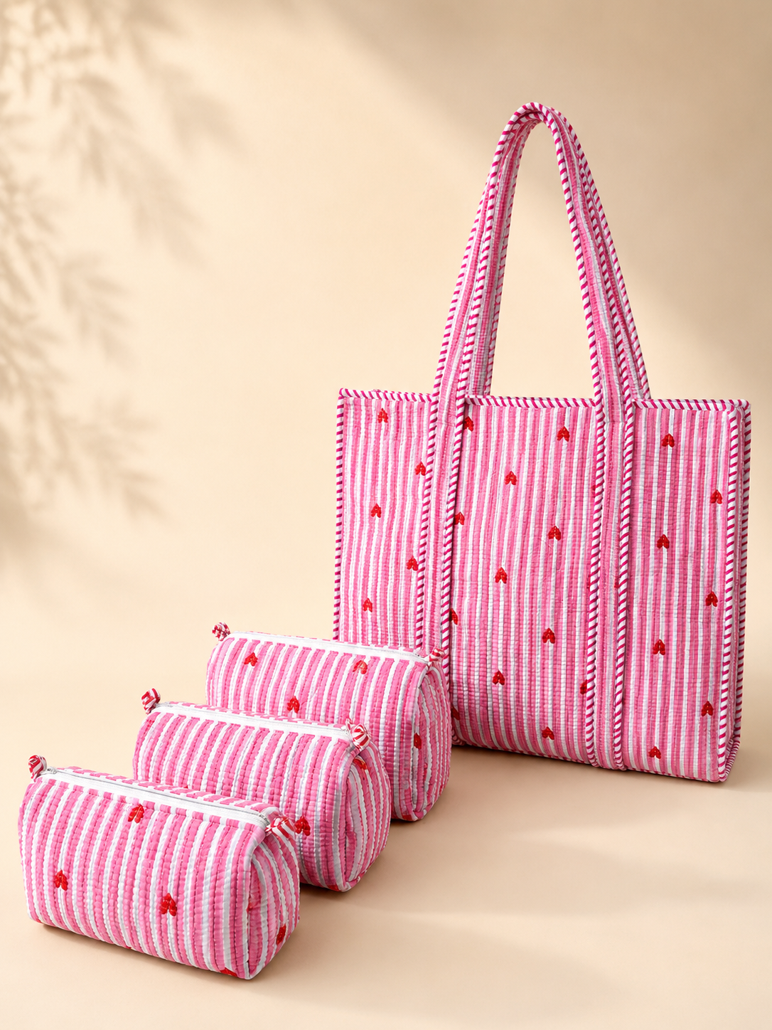 Hand Block Printed Cotton Quilted Tote Bag with Pouches ( Combo Set )