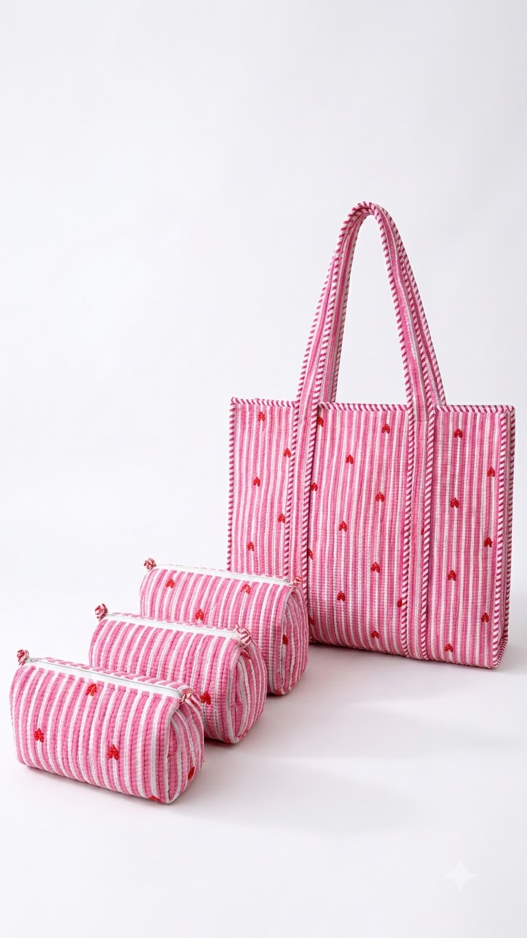 Hand Block Printed Cotton Quilted Tote Bag with Pouches ( Combo Set ) view 4